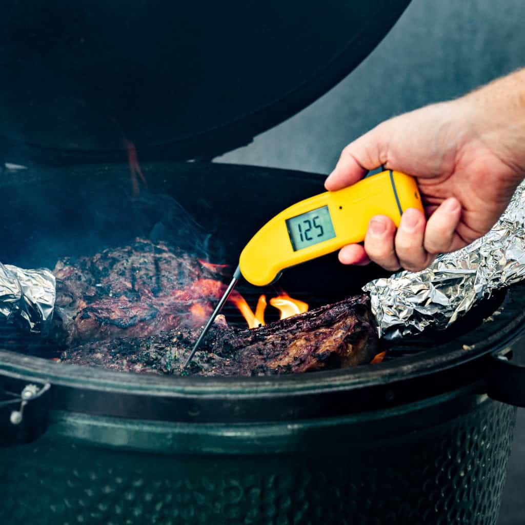 Temping a tomahawk ribeye steak